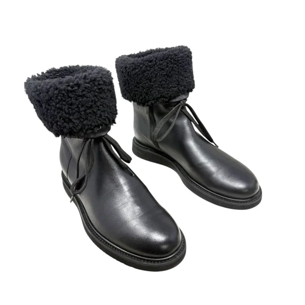 Aquatalia Heidy Black Leather Shearling Waterproof Wedge Booties‎